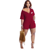 Wine Red Summer Short Sleeve Printed V Neck Rompers with Pockets