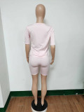 Pink Casual Print Biker 2 Piece Set O Collar Short Sleeve T Shirt Top Shorts Sets