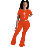 Women Solid Two Piece Set Short Sleeve T Shirt Crop Top Bell Bottom Flare Pants Fashion Tracksuit Outfits