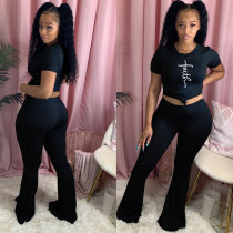 Women Solid Two Piece Set Short Sleeve T Shirt Crop Top Bell Bottom Flare Pants Fashion Tracksuit Outfits