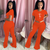 Women Solid Two Piece Set Short Sleeve T Shirt Crop Top Bell Bottom Flare Pants Fashion Tracksuit Outfits