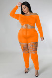 Orange Solid Color Off Shoulder Drawstring Tie Two Piece Set