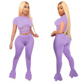 Purple Women Fitness Mesh Stitching Clothing Wear Flared Trousers Women Set