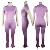 Purple Women Fitness Mesh Stitching Clothing Wear Flared Trousers Women Set