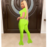 Fluorescent Green Women Fitness Mesh Stitching Clothing Wear Flared Trousers Women Set