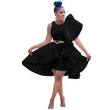 Black Solid Color Air Layer Fungus Irregular Vest Midi Dress