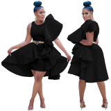 Black Solid Color Air Layer Fungus Irregular Vest Midi Dress