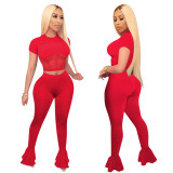 Red Women Fitness Mesh Stitching Clothing Wear Flared Trousers Women Set