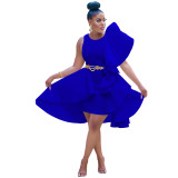 Royal Blue Solid Color Air Layer Fungus Irregular Vest Midi Dress