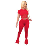 Red Women Fitness Mesh Stitching Clothing Wear Flared Trousers Women Set
