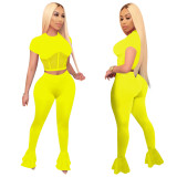 Yellow Women Fitness Mesh Stitching Clothing Wear Flared Trousers Women Set
