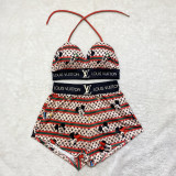 Summer Beachwear Sexy Graphic Print Halter Backless Shorts Set Swimsuit with Padded