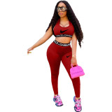 Red Fashion Casual Sportswear Letter Print Split Joint U Neck Sleeveless Two Pieces