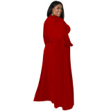 Red Plus Size Loose Long Sleeve Swing Skirt Set