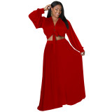 Red Plus Size Loose Long Sleeve Swing Skirt Set
