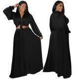 Black Plus Size Loose Long Sleeve Swing Skirt Set