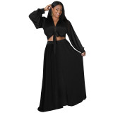 Black Plus Size Loose Long Sleeve Swing Skirt Set