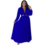 Blue Plus Size Loose Long Sleeve Swing Skirt Set