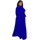 Blue Plus Size Loose Long Sleeve Swing Skirt Set