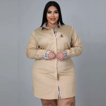 Khaki Women's Plus Size Plaid Lapel Shirt Elegant Dress