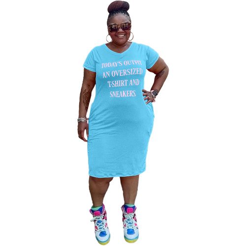 Blue Sky Casual Letter Print V Neck Short Sleeve Plus Size T-shirt Dress