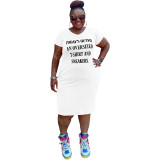 White Casual Letter Print V Neck Short Sleeve Plus Size T-shirt Dress