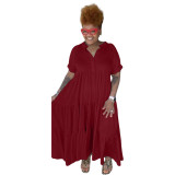 Wine Red Plus Size Solid Casual Button Lapels Short Sleeve Maxi Dress