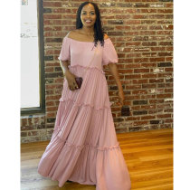 Pink Fashion Casual Cotton Irregular Off Shoulder Maxi Dresses