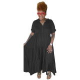Black Plus Size Solid Casual Button Lapels Short Sleeve Maxi Dress
