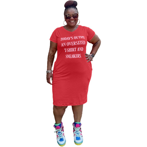 Red Casual Letter Print V Neck Short Sleeve Plus Size T-shirt Dress