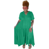 Green Plus Size Solid Casual Button Lapels Short Sleeve Maxi Dress