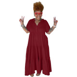 Wine Red Plus Size Solid Casual Button Lapels Short Sleeve Maxi Dress