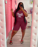 Wine Red Casual Printed Letter Matching 2 Piece Plus Size Sets