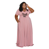Pink Casual Letter Printing V-Neck Women's Plus Size Dress