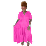 Rose Plus Size Solid Casual Button Lapels Short Sleeve Maxi Dress