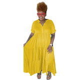 Yellow Plus Size Solid Casual Button Lapels Short Sleeve Maxi Dress