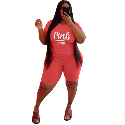 Orange Casual Printed Letter Matching 2 Piece Plus Size Sets