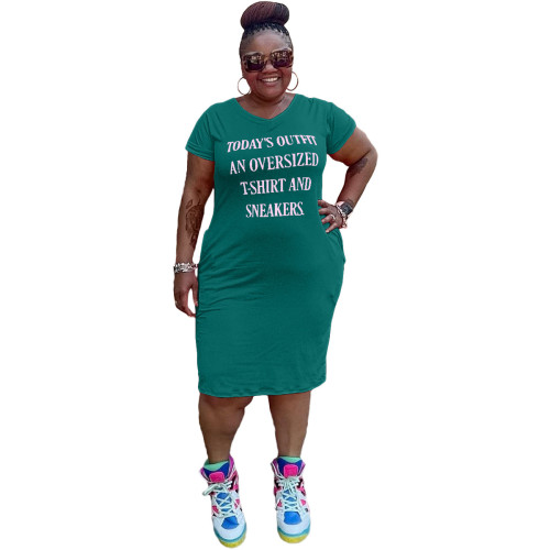 Green Casual Letter Print V Neck Short Sleeve Plus Size T-shirt Dress