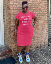 Pink Casual Letter Print V Neck Short Sleeve Plus Size T-shirt Dress