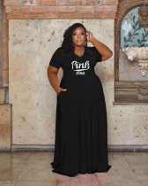 Black Casual Letter Printing V-Neck Women's Plus Size Dress