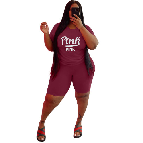 Wine Red Casual Printed Letter Matching 2 Piece Plus Size Sets