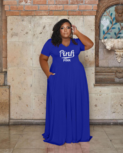 Blue Casual Letter Printing V-Neck Women's Plus Size Dress