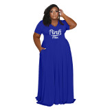 Blue Casual Letter Printing V-Neck Women's Plus Size Dress