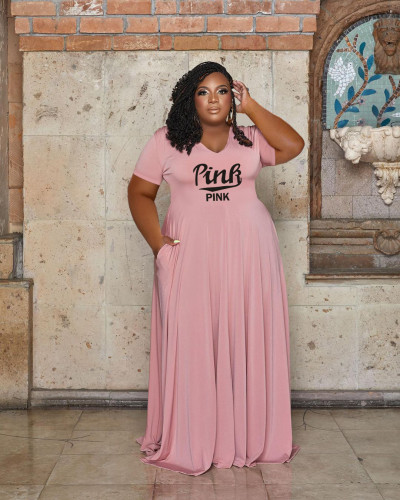 Pink Casual Letter Printing V-Neck Women's Plus Size Dress