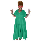 Green Plus Size Solid Casual Button Lapels Short Sleeve Maxi Dress