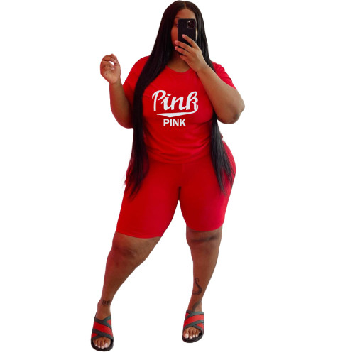 Red Casual Printed Letter Matching 2 Piece Plus Size Sets