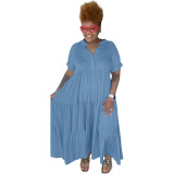 Light Blue Plus Size Solid Casual Button Lapels Short Sleeve Maxi Dress