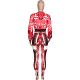 Fashion Casual Print Patchwork Zipper Collar Long Sleeve Two Pieces Pant Set