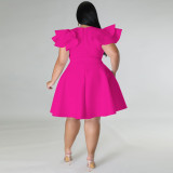 Rose Solid Color Ruffle Shoulder Plus Size Midi Swing Dress with 2 Pockets