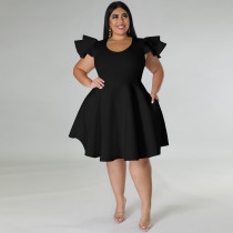 Black Solid Color Ruffle Shoulder Plus Size Midi Swing Dress with 2 Pockets